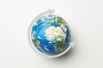 Fototapeta premium Planet Earth globe with a 3D white arrow around it on a white background 