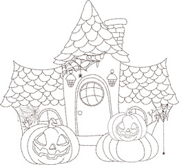Halloween spooky House with pumpkins Hand Drawn