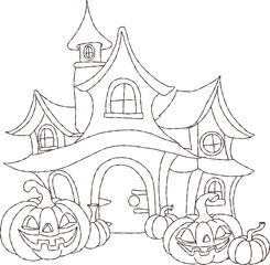Halloween spooky House with pumpkins Hand Drawn