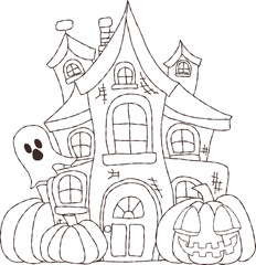 Halloween spooky House with pumpkins Hand Drawn