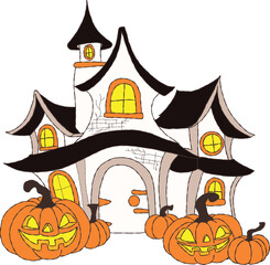 Haunted Spooky House with pumpkins and Spiderweb for Halloween