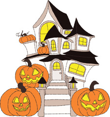 Haunted Spooky House with pumpkins and Spiderweb for Halloween