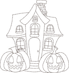 Halloween spooky House with pumpkins Hand Drawn