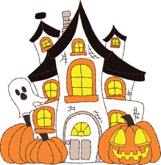 Haunted Spooky House with pumpkins and Spiderweb for Halloween