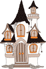 Haunted Spooky House with pumpkins and Spiderweb for Halloween