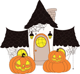 Haunted Spooky House with pumpkins and Spiderweb for Halloween