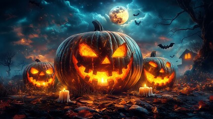 Naklejka premium Halloween background with pumpkins, candles and haunted house. Halloween night wallpaper design for poster, card or banne