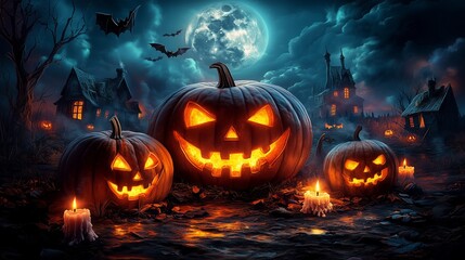 Naklejka premium Halloween background with pumpkins, candles and haunted house. Halloween night wallpaper design for poster, card or banne
