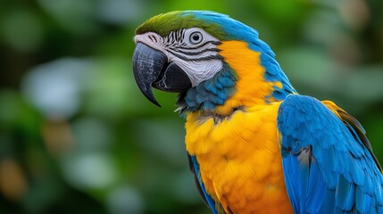 Close up of parrot face, blue and yellow macaw portrait on blurred background. Blue-and-gold Macaw bird close-up. A colorful bright exotic tropical bird with beautiful feathers