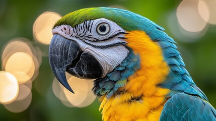 Fototapeta premium Close up of parrot face, blue and yellow macaw with beautiful feathers on head looking at camera against blurred background in wildlife,
