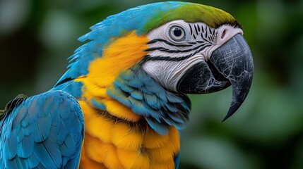 Obraz premium Close up of parrot face, blue and yellow macaw with beautiful feathers on head looking at camera against blurred background in wildlife,
