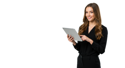 Young caucasian woman in a black professional outfit holding a modern tablet, smiling confidently on a transparent studio background with copy space, concept of business success