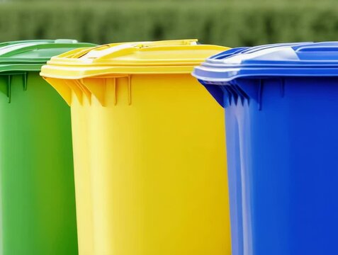 Colorful recycling bins lined up for proper waste separation in a public area during daylight