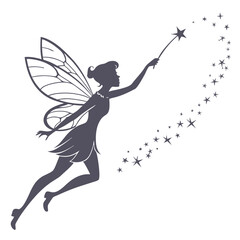 Graceful silhouette of a fairy with wings holding a magic wand creating a trail of sparkling stars