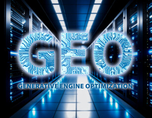 the word geo for Generative Engine Optimization in the pattern of a technical circuit board in front of a server room in the background
