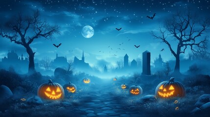 Scary halloween dark park with pumpkins and trees in the night. Halloween, concept. Glowing pumpkin