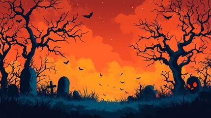Scary halloween dark park with pumpkins and trees in the night. Halloween, concept. Glowing pumpkin