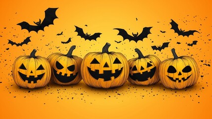 Halloween background with silhouettes of pumpkins, bats, and trees