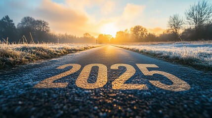 New Year 2025 road with an arrow on an asphalt country highway leading to the future and new hope concept, a New Year's Day background.
