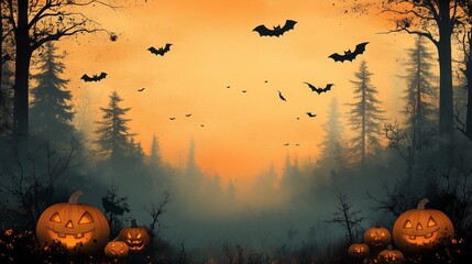 Halloween background with silhouettes of pumpkins, bats, and trees