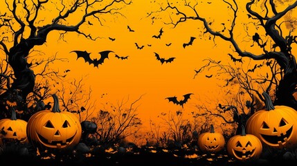 Halloween background with silhouettes of pumpkins, bats, and trees