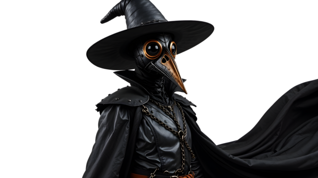 "Plague Doctor in Black Costume with Beak Mask and Wide Hat – Historical Medical Attire"