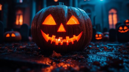 A spooky graveyard at night with tombstones, fog, and glowing pumpkins under the full moon. A Halloween pumpkin in front of an old house, moonlight shining on the ideal material.