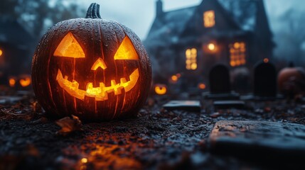A spooky graveyard at night with tombstones, fog, and glowing pumpkins under the full moon. A Halloween pumpkin in front of an old house, moonlight shining on the ideal material.