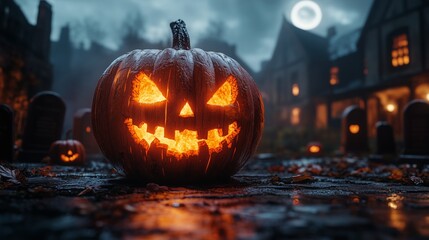 A spooky graveyard at night with tombstones, fog, and glowing pumpkins under the full moon. A Halloween pumpkin in front of an old house, moonlight shining on the ideal material.