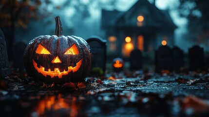 A spooky graveyard at night with tombstones, fog, and glowing pumpkins under the full moon. A Halloween pumpkin in front of an old house, moonlight shining on the ideal material.