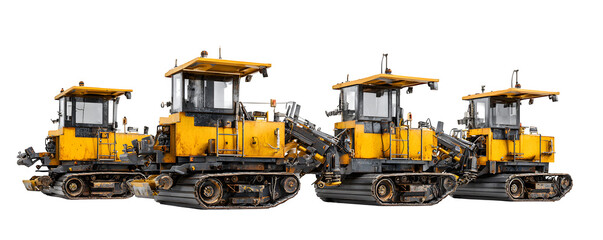 Detailed Realistic Studio-Lit Four asphalt milling machines transparent background, commercial stock asset, ideal for advertising and web banners, creative projects, HD asset