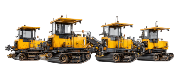 Detailed Realistic Studio-Lit Four asphalt milling machines transparent background, commercial stock asset, ideal for advertising and web banners, creative projects, HD asset