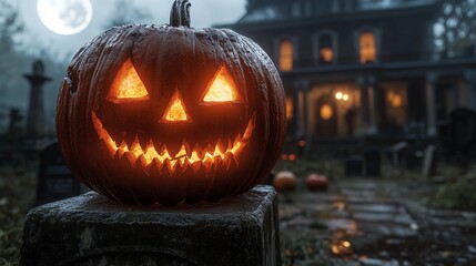 A spooky graveyard at night with tombstones, fog, and glowing pumpkins under the full moon. A Halloween pumpkin in front of an old house, moonlight shining on the ideal material.