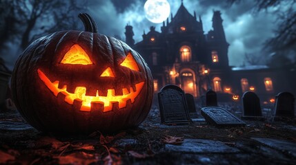 A spooky graveyard at night with tombstones, fog, and glowing pumpkins under the full moon. A Halloween pumpkin in front of an old house, moonlight shining on the ideal material.