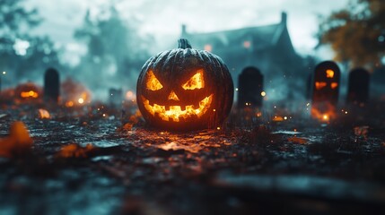 A spooky graveyard at night with tombstones, fog, and glowing pumpkins under the full moon. A Halloween pumpkin in front of an old house, moonlight shining on the ideal material.