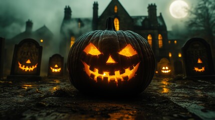 A spooky graveyard at night with tombstones, fog, and glowing pumpkins under the full moon. A Halloween pumpkin in front of an old house, moonlight shining on the ideal material.