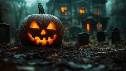 A spooky graveyard at night with tombstones, fog, and glowing pumpkins under the full moon. A Halloween pumpkin in front of an old house, moonlight shining on the ideal material.