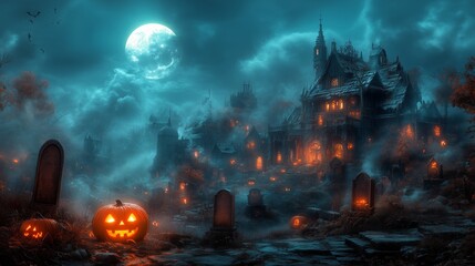 A spooky graveyard at night with tombstones, fog, and glowing pumpkins under the full moon. A Halloween pumpkin in front of an old house, moonlight shining on the ideal material.