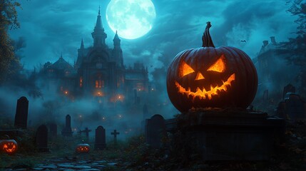 A spooky graveyard at night with tombstones, fog, and glowing pumpkins under the full moon. A Halloween pumpkin in front of an old house, moonlight shining on the ideal material.