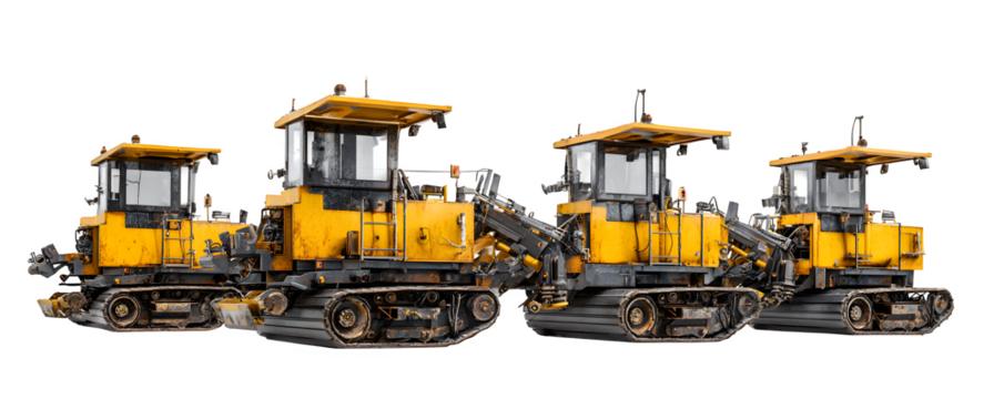 Detailed Realistic Studio-Lit Four asphalt milling machines transparent background, commercial stock asset, ideal for advertising and web banners, creative projects, HD asset