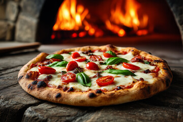 Bubbling pizza with melted mozzarella