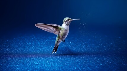 Iridescent silver hummingbird on sapphire glitter