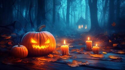 Halloween background with pumpkins, candles and haunted house. Halloween night wallpaper design for poster, card or banner/Dark fantasy style.