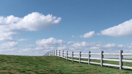 Obraz premium Peaceful landscape with white fence under blue sky and fluffy clouds