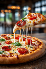 Bubbling pizza with melted mozzarella
