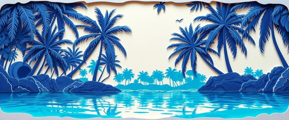 Intricate paper cut design of lush tropical palms reflected in turquoise waves,  paper cut,  cutout
