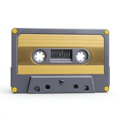 Retro audio cassette tape with a gold metallic stripe and grey casing isolated on white background