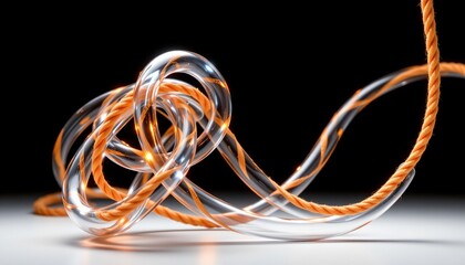 A high quality, 3d illustration of an abstract concept featuring transparent tubes and ropes twisted on a black background