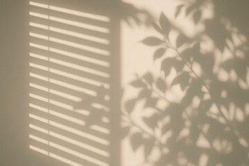 Serene Plant Shadow Overlay with Window Blind Effects on Wall