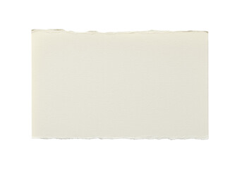 Fototapeta premium Off-white, naturally textured paper with a torn, frayed upper edge, fine grain, and subtle imperfections, isolated on a seamless plain white background, soft shadow, top-down studio shot. Concept of